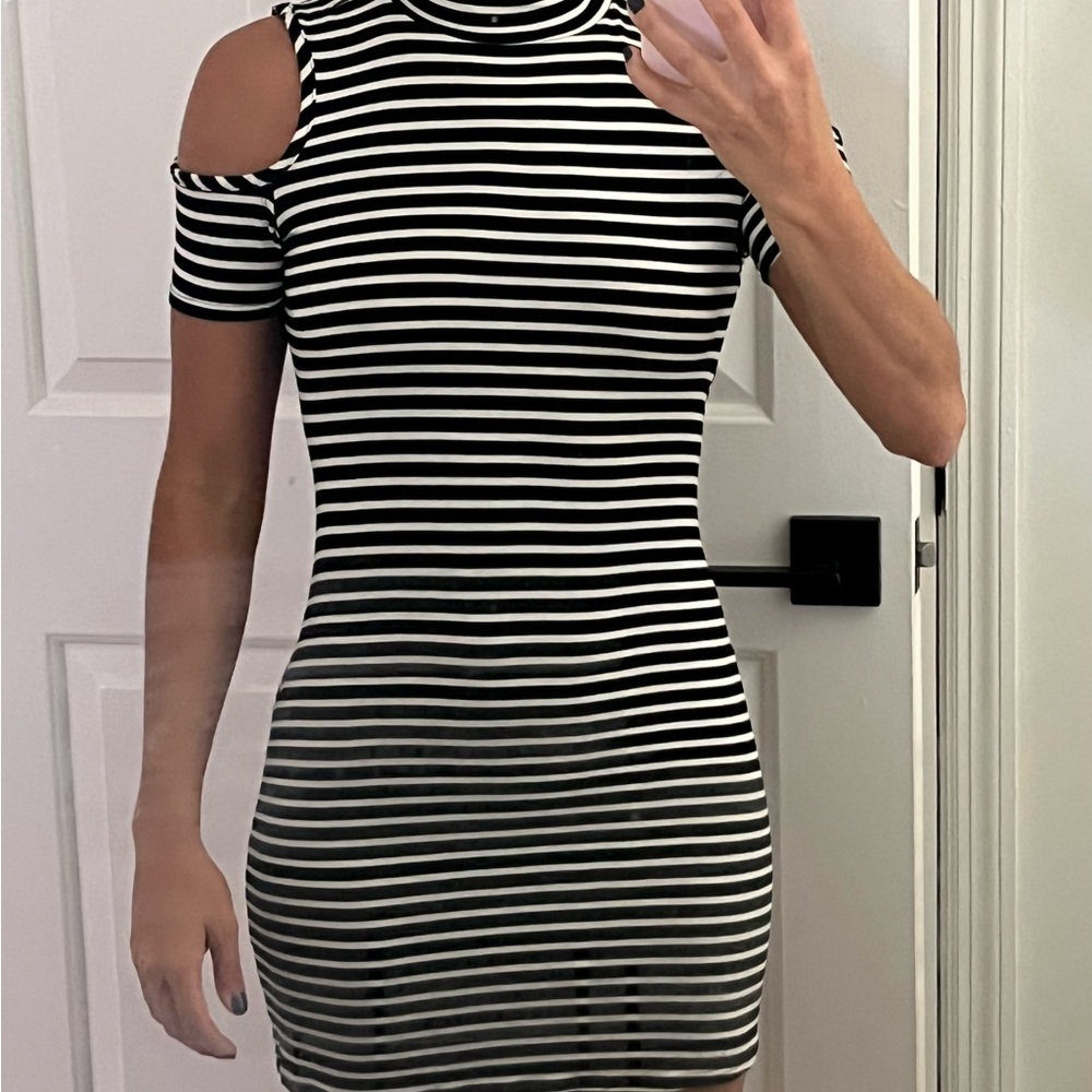 Striped Black and White Cold Shoulder Dress
